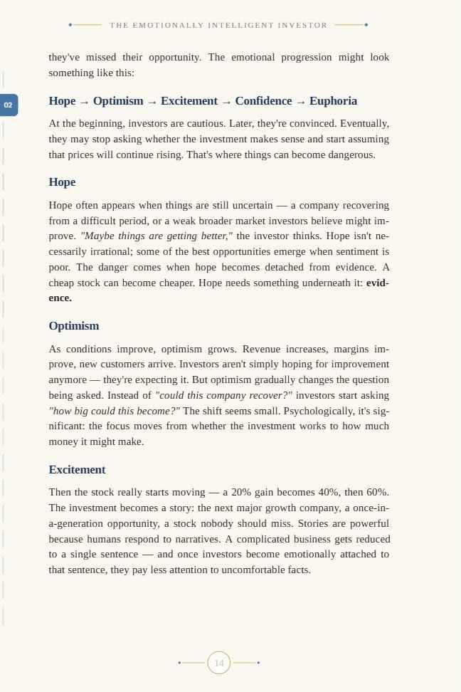 Page from Chapter 2 describing the stages of the emotional cycle: hope, optimism, excitement