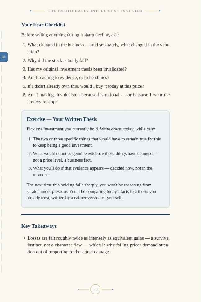 Page from Chapter 3 with a fear checklist, a written-thesis exercise and key takeaways